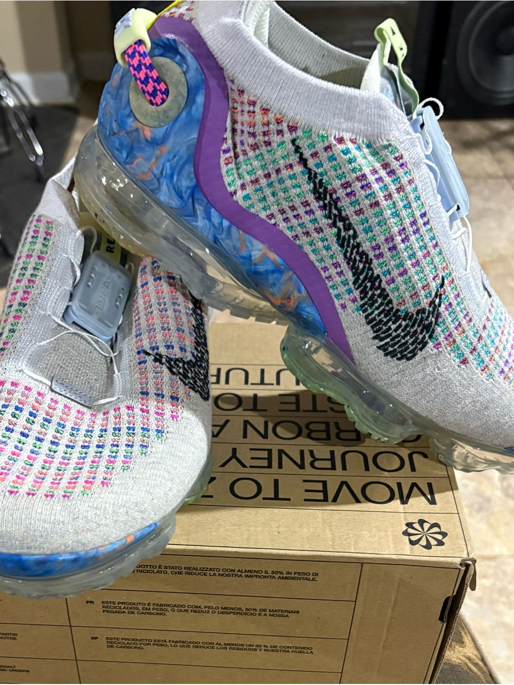 Nike Women’s VaporMax Flyknit White with Multicolor Knit & Purple Trim